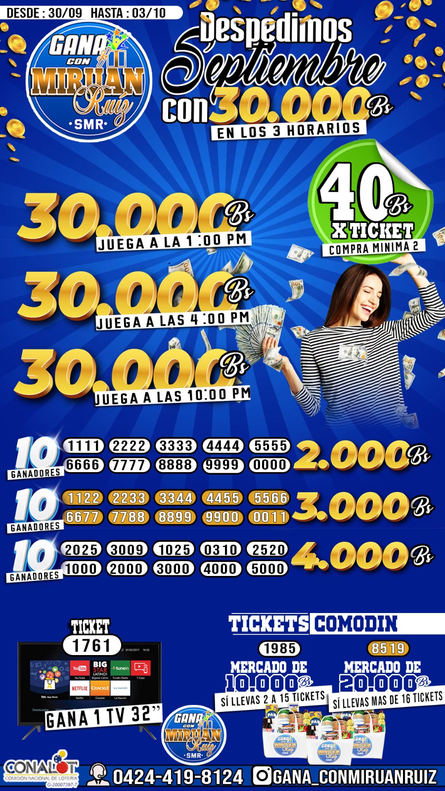 Despedimos septiembre con 30.000bs en los 3 horarios 